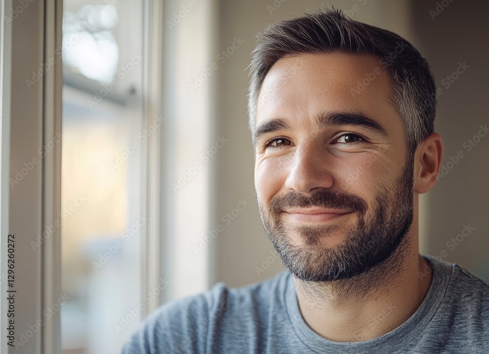 Close-up portrait of a handsome, smiling man with short hair and a beard, looking to the side with a window in the background. Close-up portrait of a handsome, smiling man with short hair and a beard, looking to the side with a window in the background.