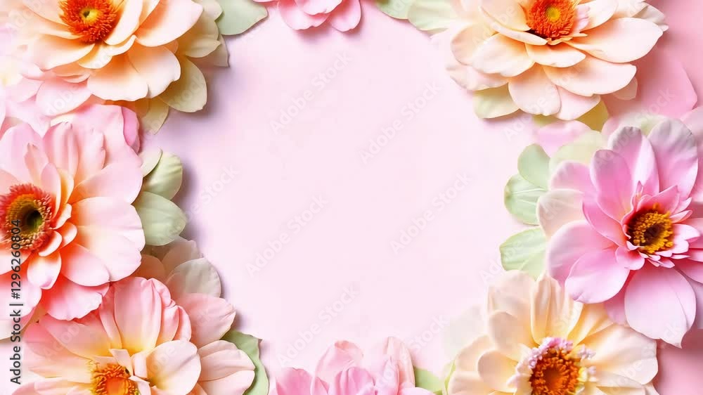 Floral wreath of pink and peach blossoms arranged in circle on a soft pastel background. Romantic and elegant background, copy space. Concept congratulations, spring and summer holidays Floral wreath of pink and peach blossoms arranged in circle on a soft pastel background. Romantic and elegant background, copy space. Concept congratulations, spring and summer holidays