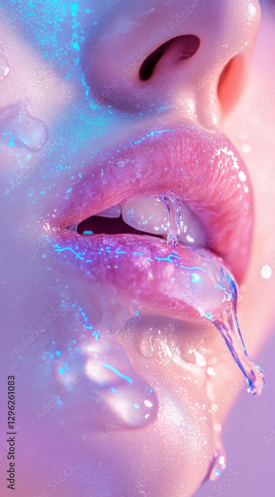 Fototapeta premium Close-Up of Glossy Lips with Water Droplets and Colorful Lighting