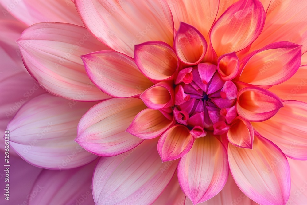 Fototapeta premium Vibrant close-up of a beautiful pink and purple dahlia flower with delicate petals and intricate details in soft natural light. Macro photography background concept.