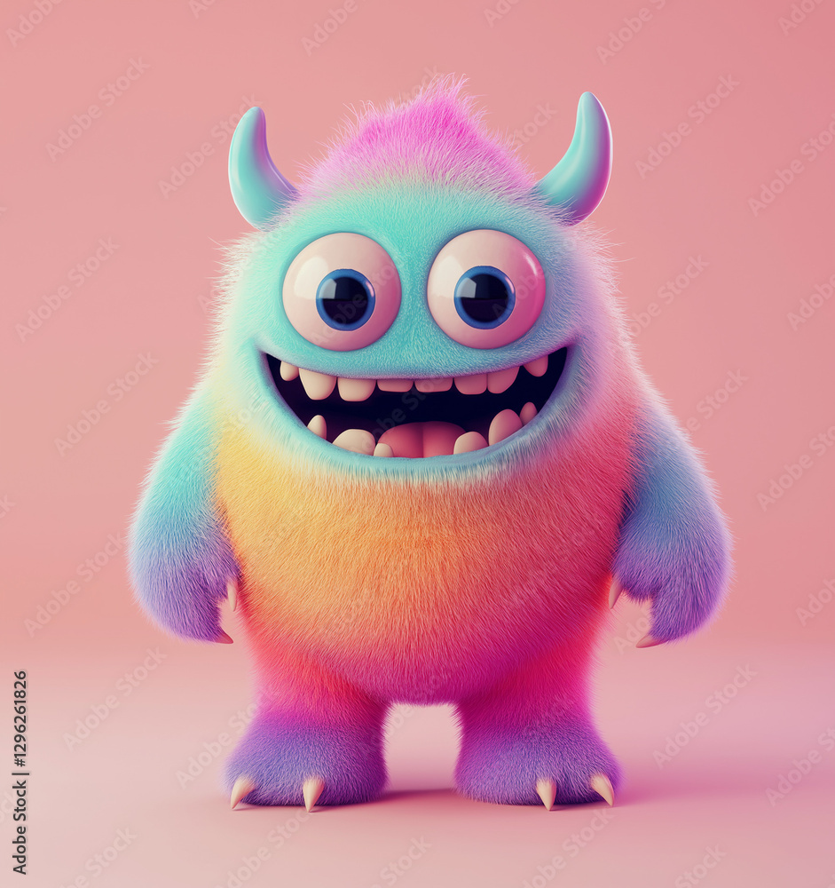 Cute cartoon monster with a chubby body, happy expression, and a pink background featuring a solid color gradient and gradient effect Cute cartoon monster with a chubby body, happy expression, and a pink background featuring a solid color gradient and gradient effect
