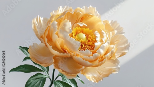 Close Up of a Large Lush Amber Colored Peony Flower with Green Leaves Against a Soft White Background With Subtle Shadows