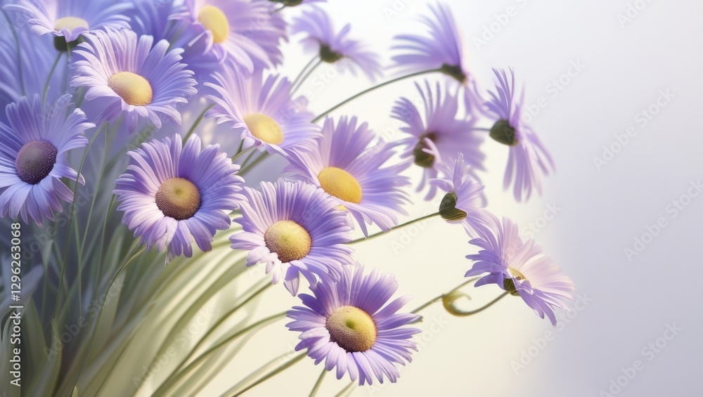 Obraz premium Delicate Cluster of Lavender Daisies with Yellow Centers in Soft Lighting on White Background