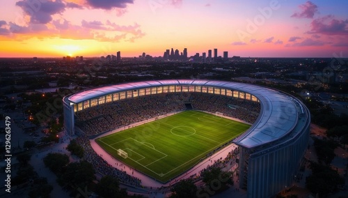 Aerial View of Stadium during Sunset with City Skyline in Background