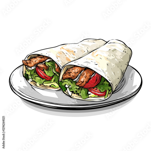 Shawarma plate minimalist 2D vector graphic illustration sketch on a white background.

