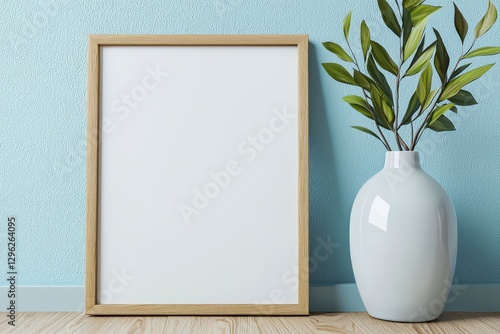 Elegant plant in a vase positioned next to a blank white poster creating a minimalist aesthetic