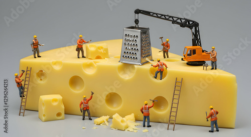 Miniature Workers Constructing Cheese with Grater and Crane Equipment