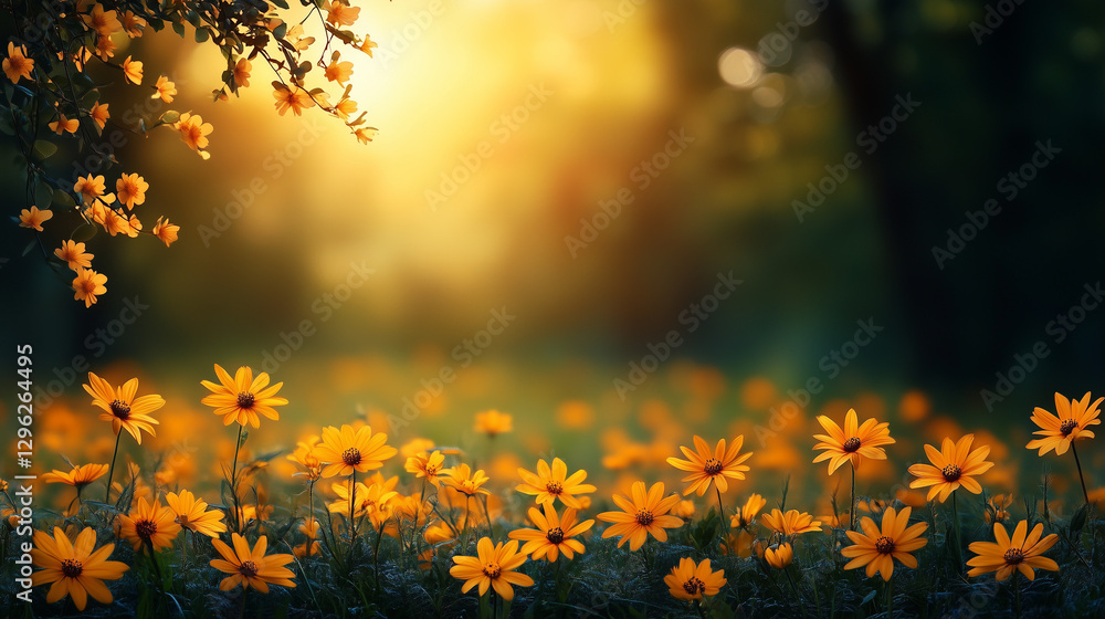Beautiful wildflowers bloom in a sunlit meadow during early evening hours in late spring Beautiful wildflowers bloom in a sunlit meadow during early evening hours in late spring