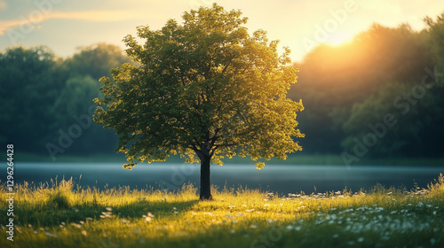 Solitary tree basking in golden sunlight at dawn near a tranquil lake in a serene countryside