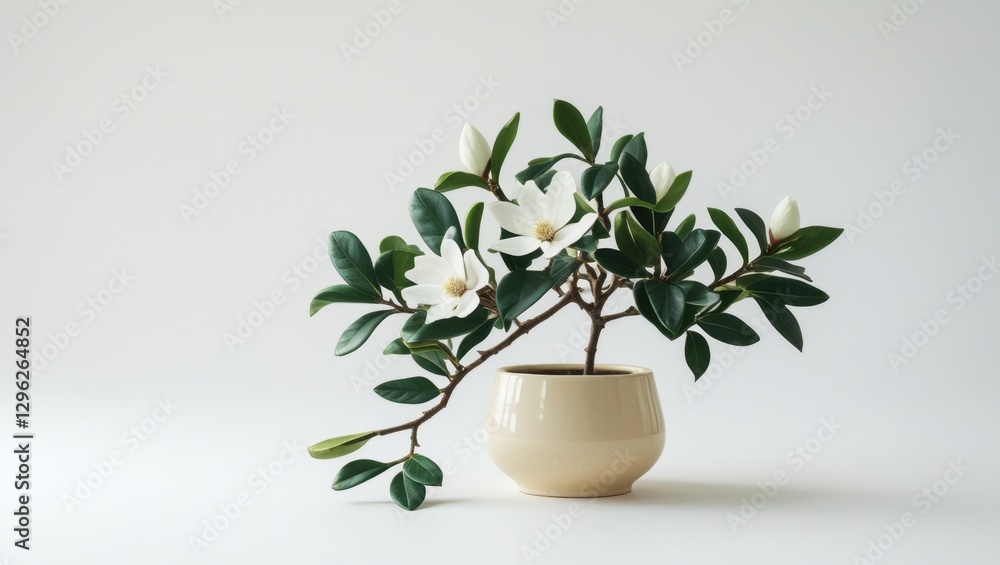 Magnolia Shrub with White Blooms and Green Leaves in Ceramic Pot Against White Backdrop in Soft Lighting Magnolia Shrub with White Blooms and Green Leaves in Ceramic Pot Against White Backdrop in Soft Lighting