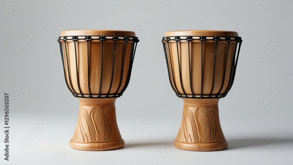 Pair of Carved Wood Djembe Drums with Beige Tone and Rope Detailing on White Backdrop in Studio Setting Pair of Carved Wood Djembe Drums with Beige Tone and Rope Detailing on White Backdrop in Studio Setting
