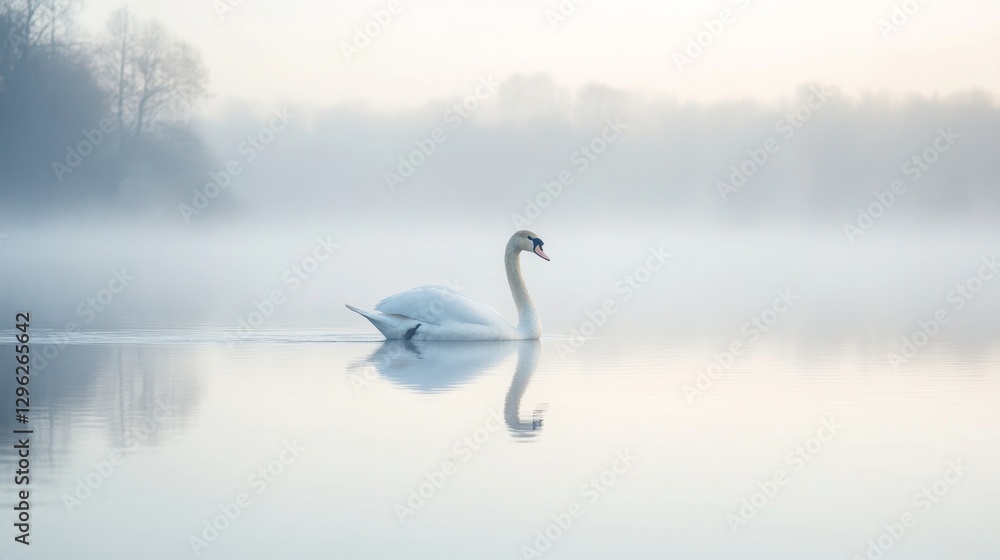 Fototapeta premium Misty Morning Swan on Calm Lake