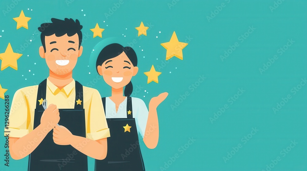 Cheerful Baristas Celebrating Success with Stars Cheerful Baristas Celebrating Success with Stars
