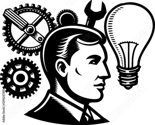 Maniac sinister-looking man with a wide, unsettling grin and intense eyes, madness, horror sketch engraving vector