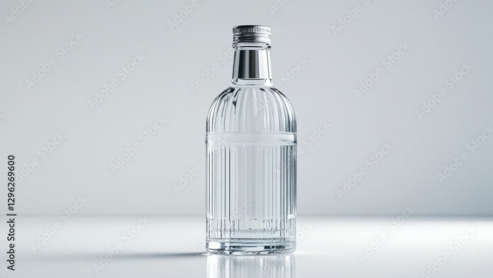Sleek Transparent Glass Tonic Bottle with Intricate Vertical Ribbing Standing on a Glossy Surface Against a Soft Gradient Background Sleek Transparent Glass Tonic Bottle with Intricate Vertical Ribbing Standing on a Glossy Surface Against a Soft Gradient Background