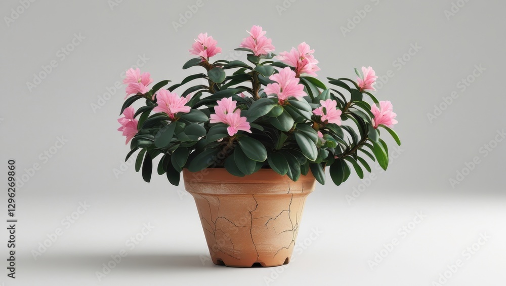 Fototapeta premium Small Lush Oleander Shrub with Delicate Pink Flowers in Terracotta Pot on Neutral Background for Indoor Gardening and Home Decor
