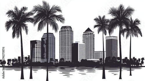 Tampa City Skyline in Black Silhouette. A Vector Design of Tampa's Iconic Cityscape Isolated on a White Background, Representing Urban Life, Modern Architecture, and Business Travel Concepts.