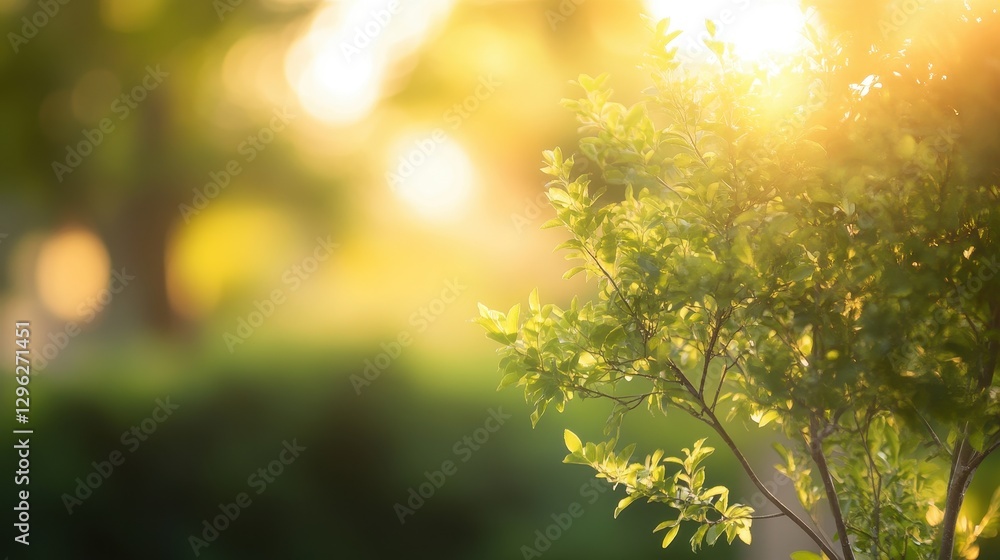 Fototapeta premium A blurred, defocused garden tree in a tranquil natural background, bathed in soft, golden light.