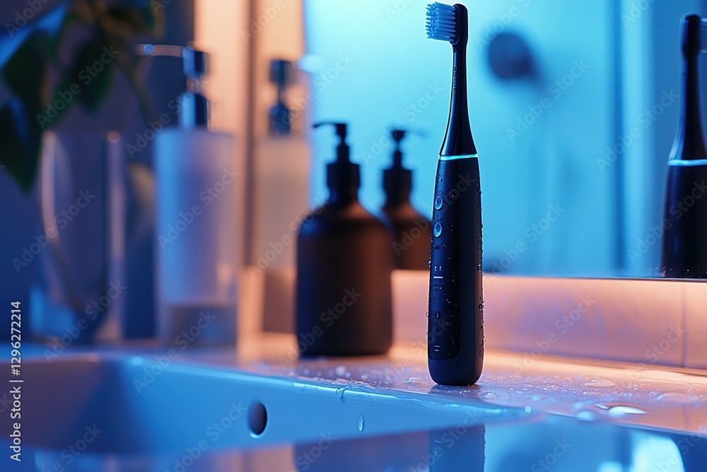 Black Electric Toothbrush on Bathroom Sink with Blue Lighting Black Electric Toothbrush on Bathroom Sink with Blue Lighting