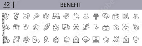 Benefit line icons set with Present, Benefit, Coupon, Reward, Card, Profit, Star, Gift and more. Editable Stroke