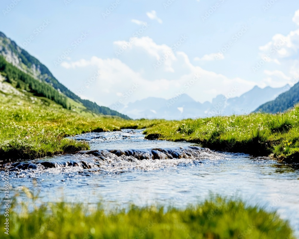 Fototapeta premium A serene landscape featuring a flowing stream surrounded by lush green grass and majestic mountains under a bright blue sky.