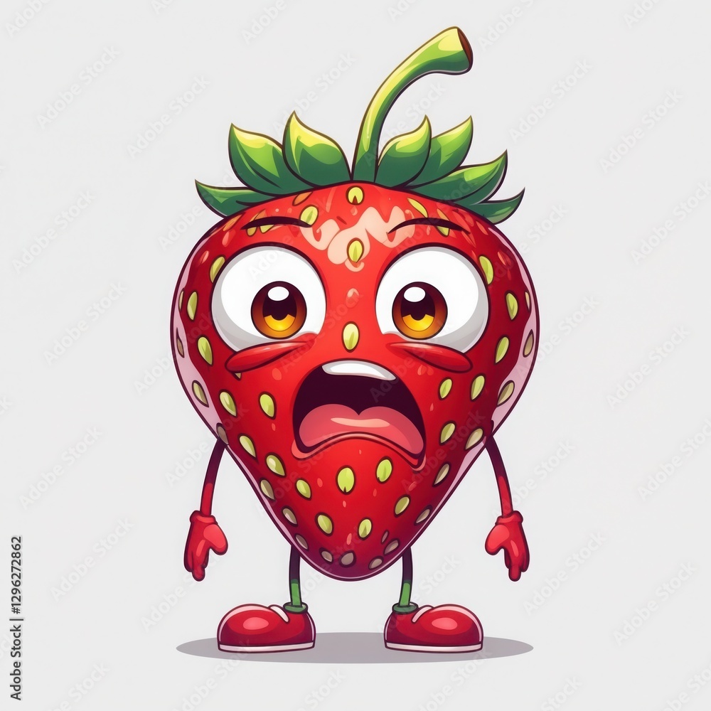 Fototapeta premium Cartoon red strawberry with big eyes, mouth open and hands on the side, cartoon style drawing showing scared emotion