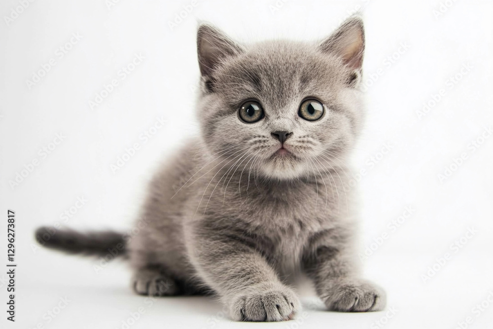 Obraz premium Shorthair kitten exploring a bright white background. Generative AI