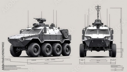Military Vehicle Blueprint. Armored truck with weapon system and antenna detail design with dimensions on white background. Side and Front view sketch