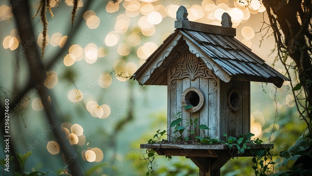 Fototapeta premium Birdhouse crafted from wood surrounded by lush greenery during golden hour in a serene natural setting