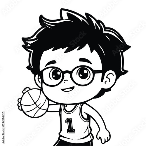 Chibi boy with glasses playing basketball

