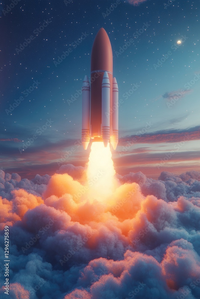 A rocket blasts off through the clouds into the starry night sky A rocket blasts off through the clouds into the starry night sky
