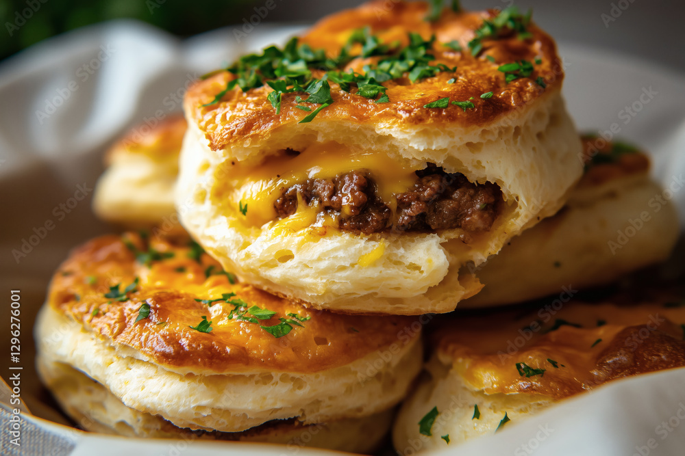 Savory meat and cheese filled baked biscuits. Savory meat and cheese filled baked biscuits.