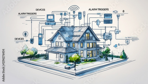 Home automation system sketch showing connected devices, sensors and alarms, line art of house, car and trees, residential technology diagram
