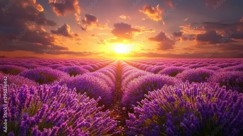 A wide-angle view of a lavender field at sunset, glowing rows of purple flowers leading toward the golden horizon A wide-angle view of a lavender field at sunset, glowing rows of purple flowers leading toward the golden horizon