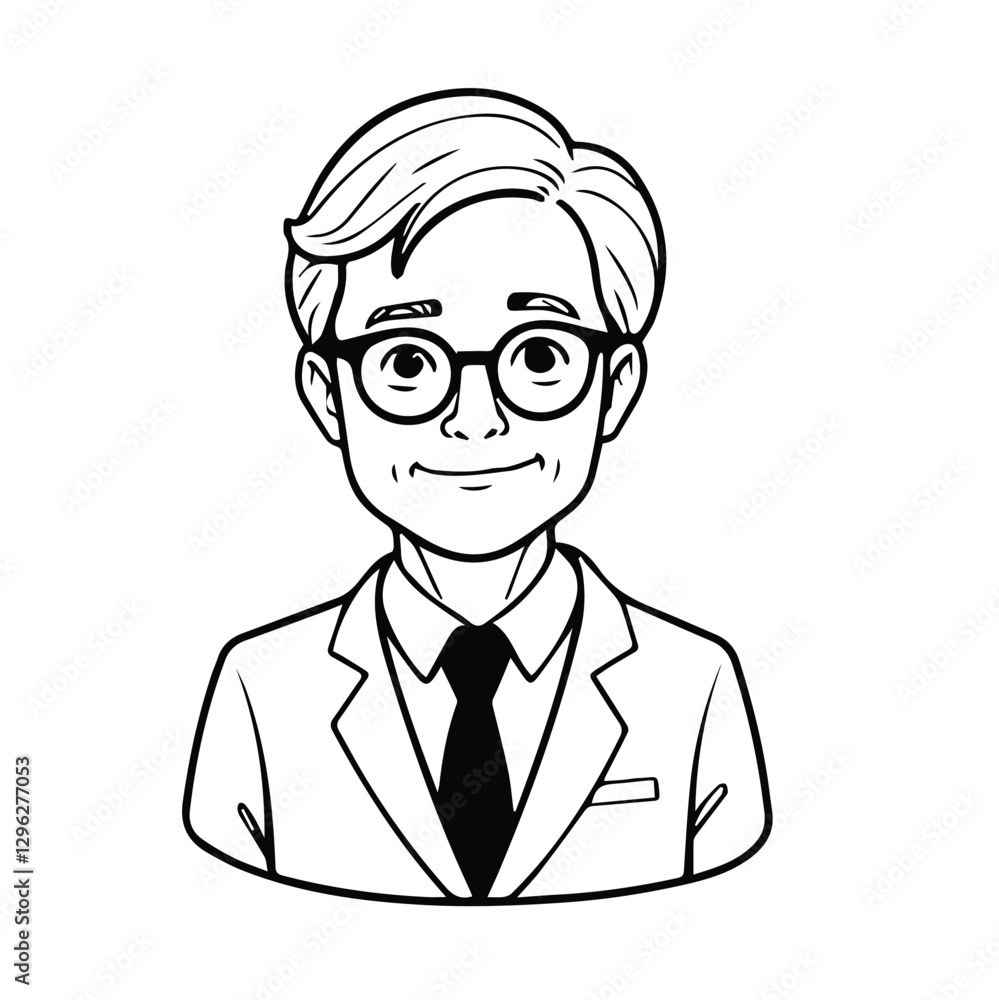 Black and white cartoon illustration of a man with glasses in a business suit with a friendly and professional expression
Black and white cartoon illustration of a man with glasses in a business suit with a friendly and professional expression
