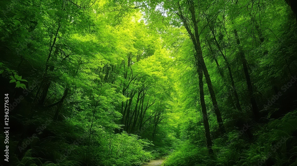 Obraz premium A verdant tapestry of lush green trees, their branches reaching towards the sky like welcoming arms, lined a narrow trail winding its way through the heart of the Drift Creek Falls, Oregon.