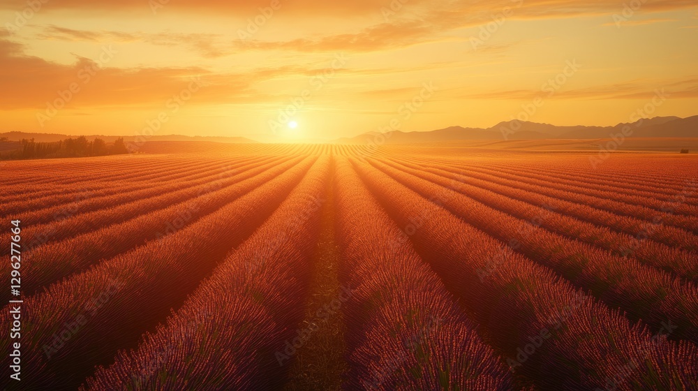 Fototapeta premium A golden sunset casting warm light over a wide lavender field, with vibrant rows stretching endlessly into the distance
