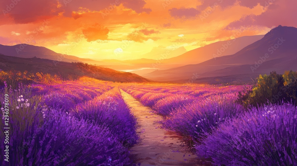A serene landscape of blooming lavender rows glowing under a golden sunset, leading the eye toward the distant horizon A serene landscape of blooming lavender rows glowing under a golden sunset, leading the eye toward the distant horizon