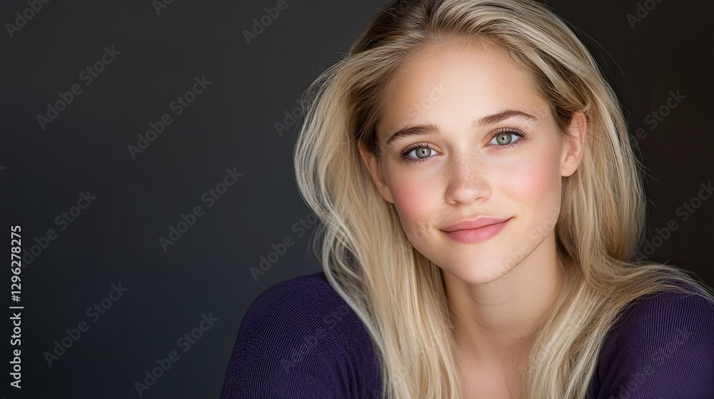 Fototapeta premium A blonde woman with blue eyes is smiling and wearing a purple sweater