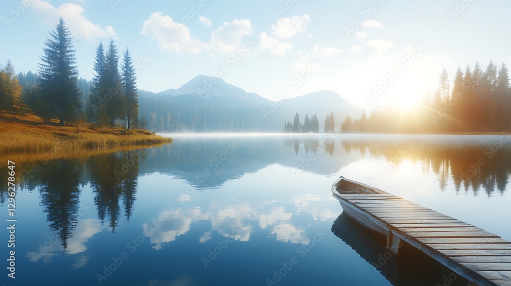 Peaceful lake scene depicts serene mountains and a wooden dock Peaceful lake scene depicts serene mountains and a wooden dock
