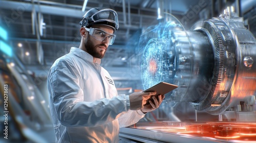 A man in a white lab coat is looking at a tablet with a blue and red design