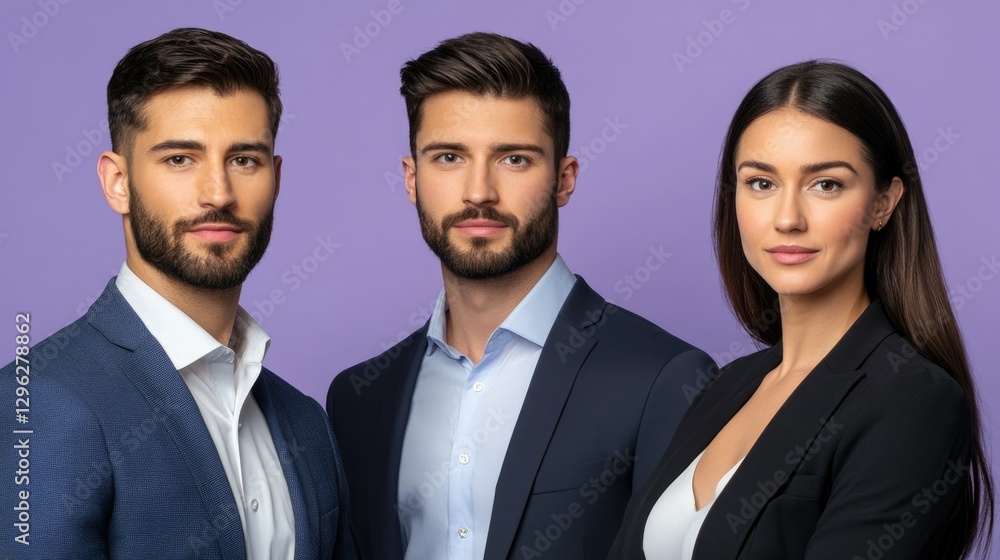 Three men and a woman are standing together in suits Three men and a woman are standing together in suits