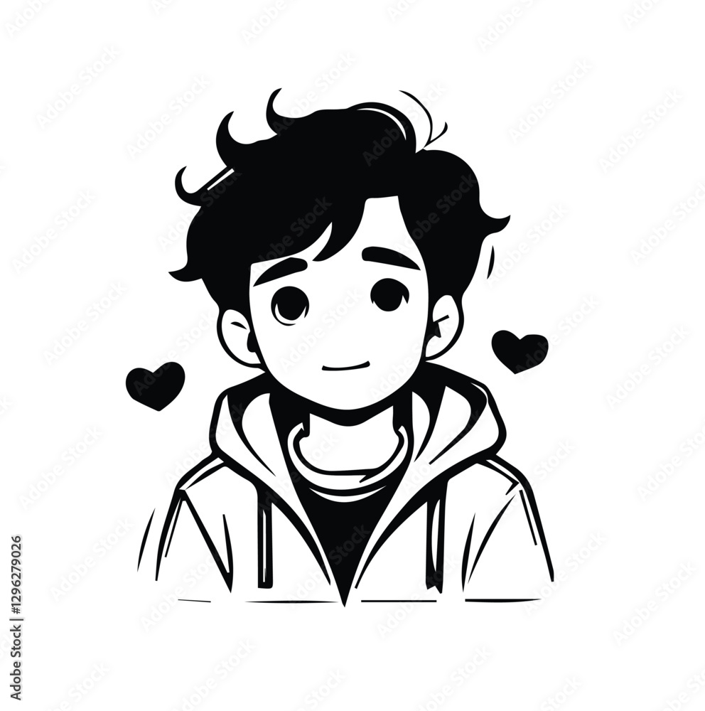 Black and white cartoon illustration of a boy in a hoodie with messy hair and hearts around him showing a cute expression
Black and white cartoon illustration of a boy in a hoodie with messy hair and hearts around him showing a cute expression