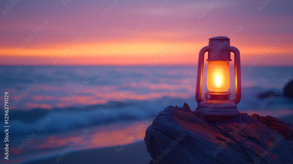 Fototapeta premium Glowing vintage oil lantern sits on weathered driftwood at serene beach sunset, with pastel orange-purple sky, calm waves, and rocky shore, casting warm ambient light in dreamy scene.