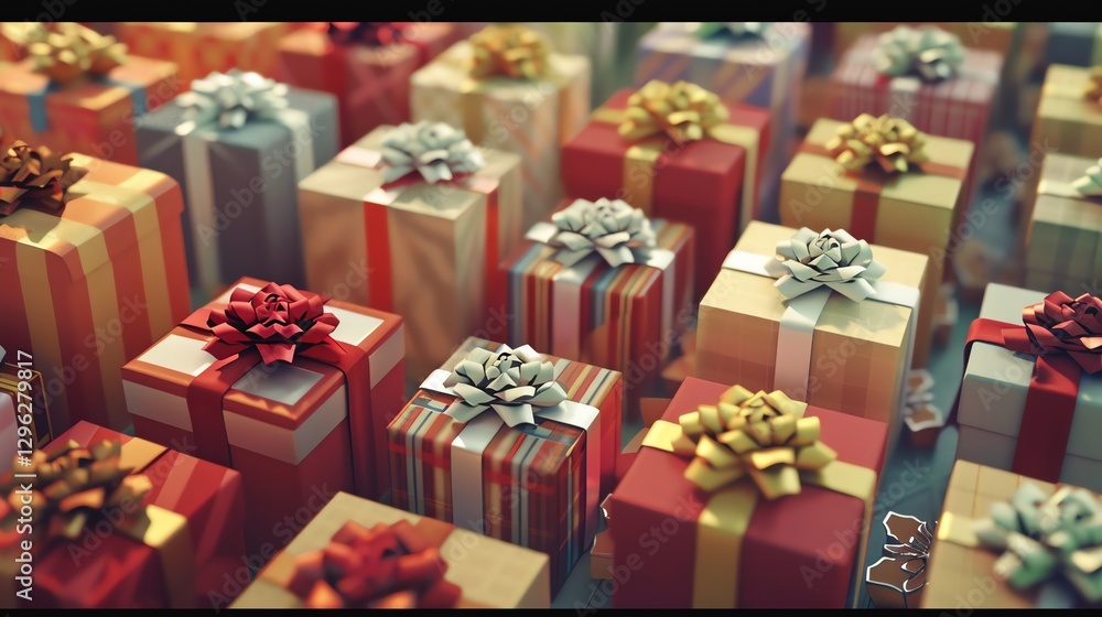 A close-up shot of a pile of wrapped presents with colorful paper and bows. A close-up shot of a pile of wrapped presents with colorful paper and bows.