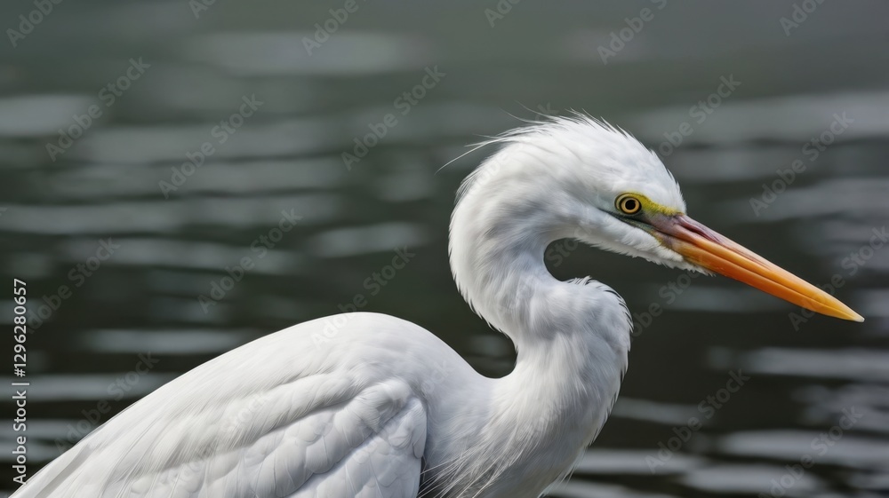 Elegant White Heron Close Up with Detailed Plumage Against a Natural Watery Backdrop and Calm Serene Lighting Elegant White Heron Close Up with Detailed Plumage Against a Natural Watery Backdrop and Calm Serene Lighting