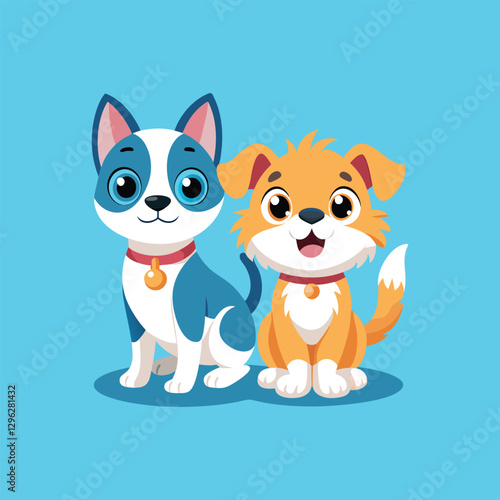 Two cute cartoon dogs one blue and white and one orange sitting together happily on a blue background