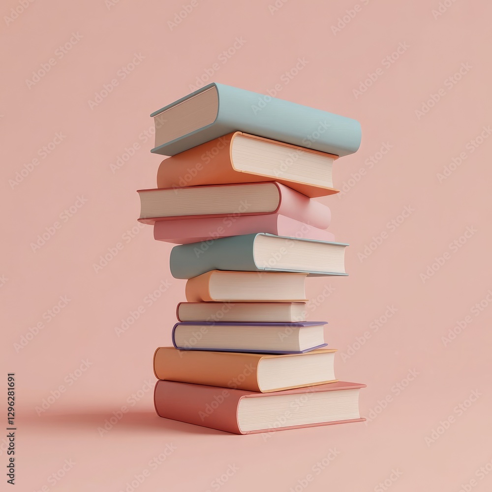 A colorful stack of books against a soft pastel pink background A colorful stack of books against a soft pastel pink background