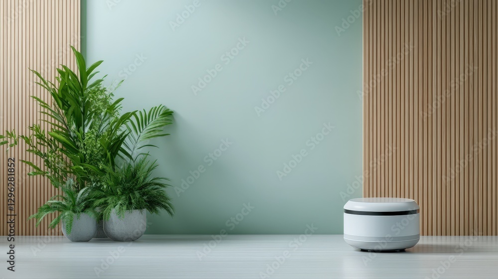 A white robot vacuum cleaner is showcased against a mint green wall, surrounded by lush greenery, emphasizing modern minimalistic design fused with nature's tranquility. A white robot vacuum cleaner is showcased against a mint green wall, surrounded by lush greenery, emphasizing modern minimalistic design fused with nature's tranquility.