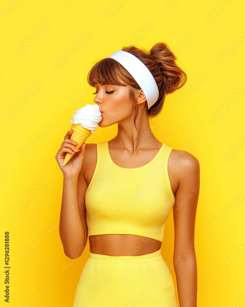 Woman enjoying ice cream against vibrant yellow backdrop. Woman enjoying ice cream against vibrant yellow backdrop.